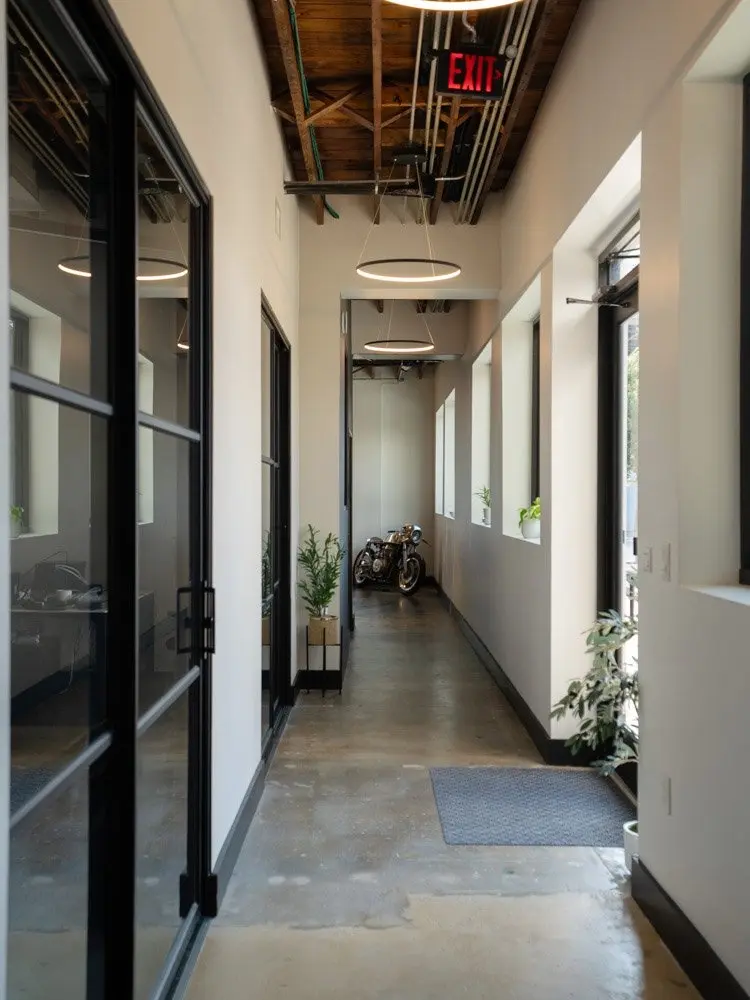 A quiet hallway with glass office doors and plants